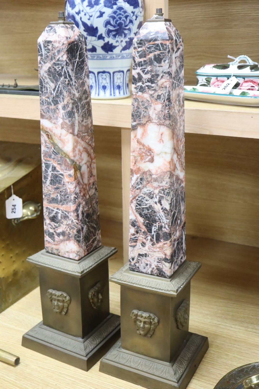 A pair of obelisk marble and brass lamp bases, overall height 63cm